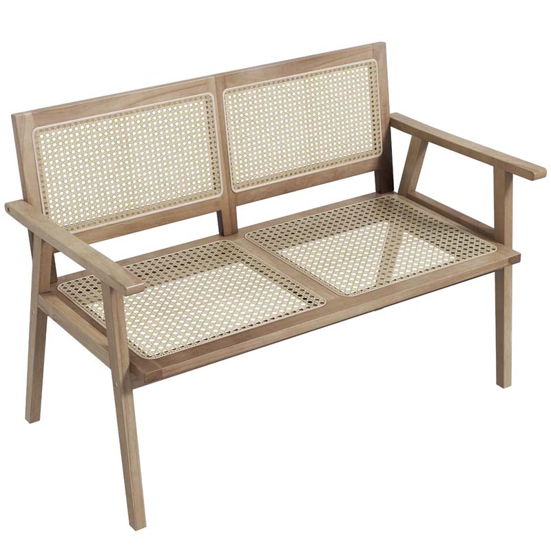 47"W Outdoor Rattan Teak Wood 2-Person Patio Garden Bench with Armrests Backrest