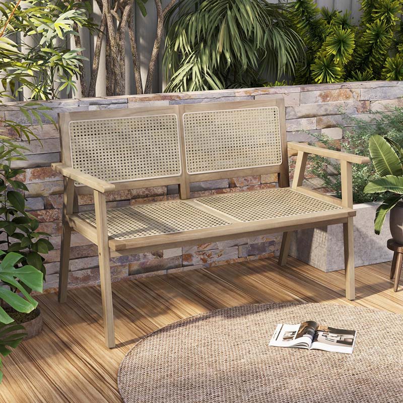 47"W Outdoor Rattan Teak Wood 2-Person Patio Garden Bench with Armrests Backrest