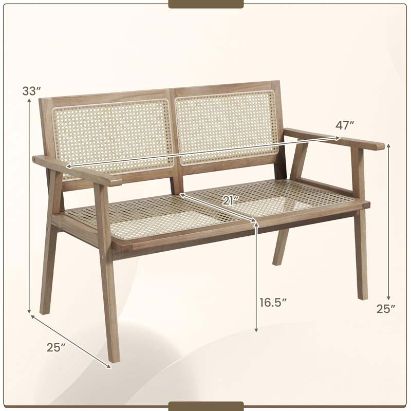 47"W Outdoor Rattan Teak Wood 2-Person Patio Garden Bench with Armrests Backrest