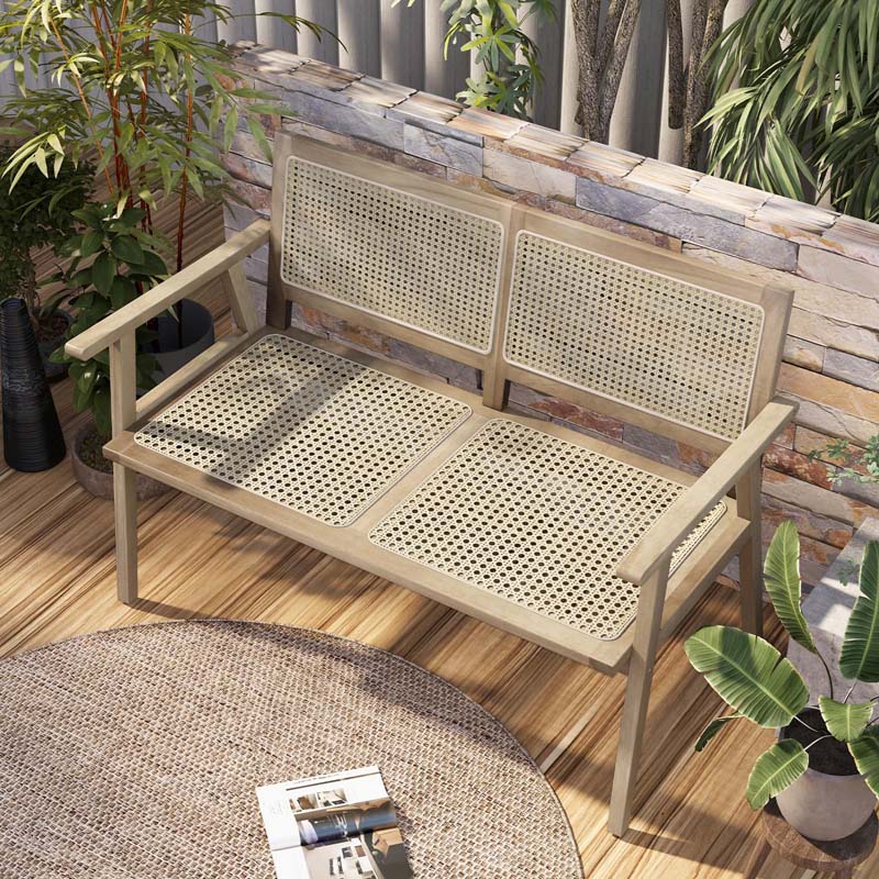 47"W Outdoor Rattan Teak Wood 2-Person Patio Garden Bench with Armrests Backrest