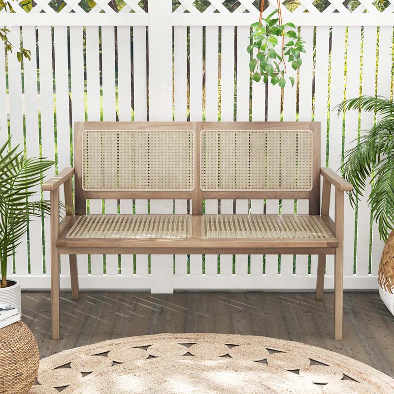 47"W Outdoor Rattan Teak Wood 2-Person Patio Garden Bench with Armrests Backrest