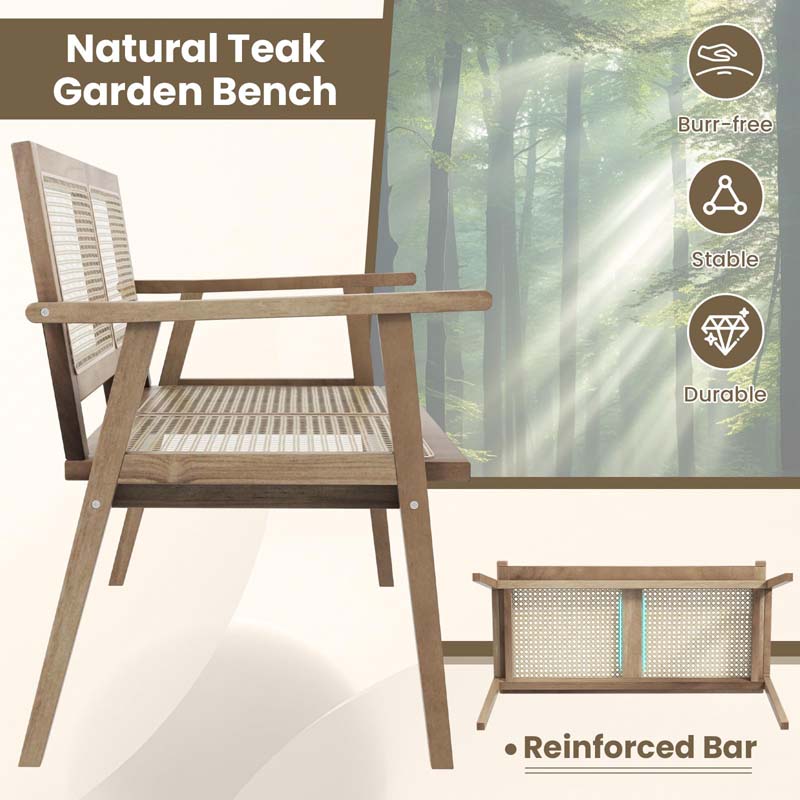 47"W Outdoor Rattan Teak Wood 2-Person Patio Garden Bench with Armrests Backrest