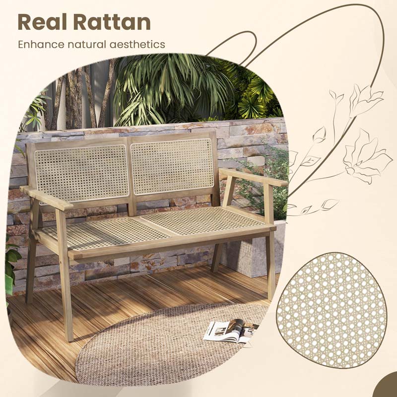 47"W Outdoor Rattan Teak Wood 2-Person Patio Garden Bench with Armrests Backrest