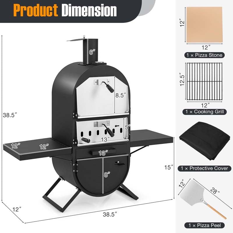2-Layer Wood Fired Pizza Oven, Outdoor Pizza Maker Stove with Storage Cabinet, Protective Cover, Pizza Stone & Side Tables for Backyard Party Camping
