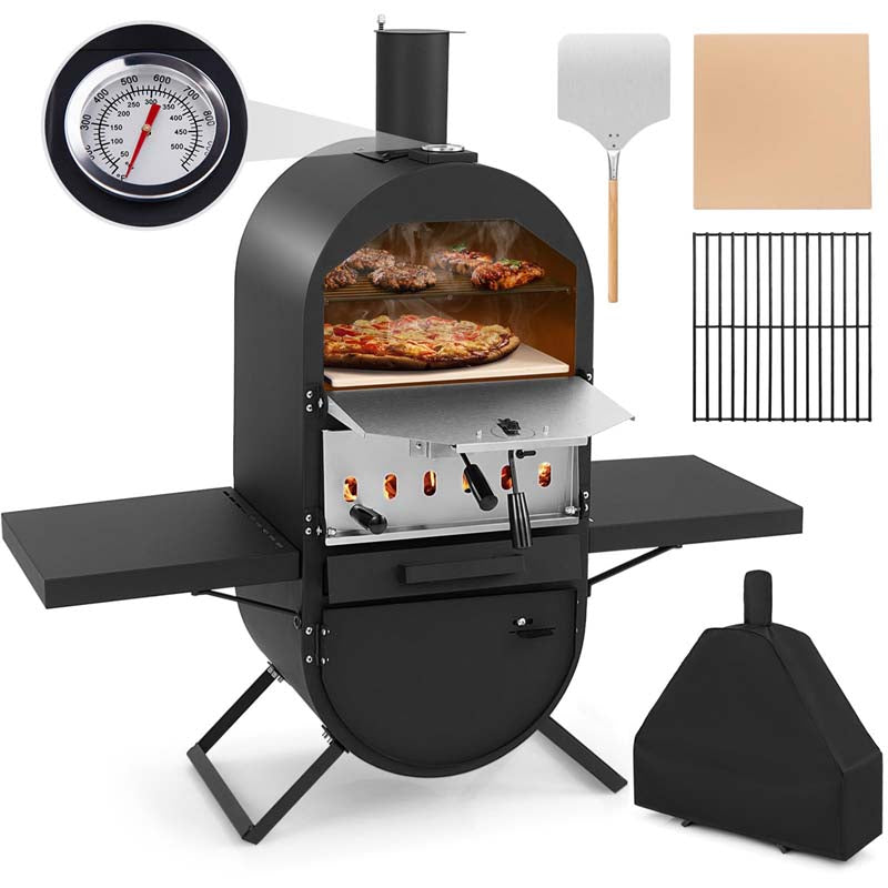 2-Layer Wood Fired Pizza Oven, Outdoor Pizza Maker Stove with Storage Cabinet, Protective Cover, Pizza Stone & Side Tables for Backyard Party Camping