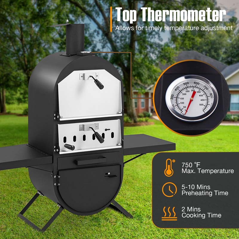 2-Layer Wood Fired Pizza Oven, Outdoor Pizza Maker Stove with Storage Cabinet, Protective Cover, Pizza Stone & Side Tables for Backyard Party Camping