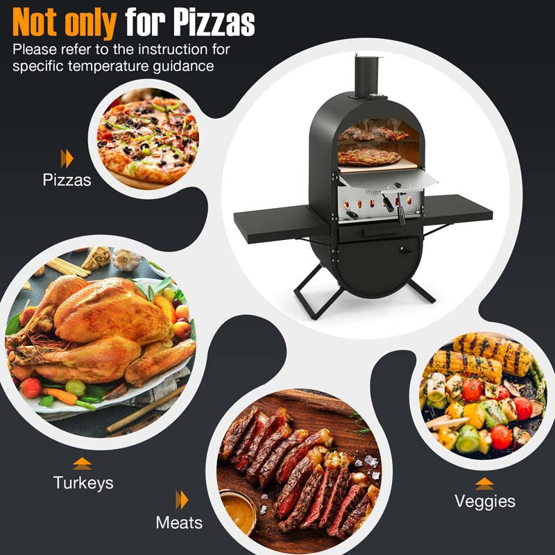 2-Layer Wood Fired Pizza Oven, Outdoor Pizza Maker Stove with Storage Cabinet, Protective Cover, Pizza Stone & Side Tables for Backyard Party Camping