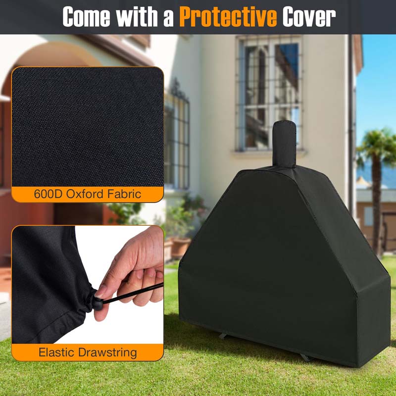2-Layer Wood Fired Pizza Oven, Outdoor Pizza Maker Stove with Storage Cabinet, Protective Cover, Pizza Stone & Side Tables for Backyard Party Camping