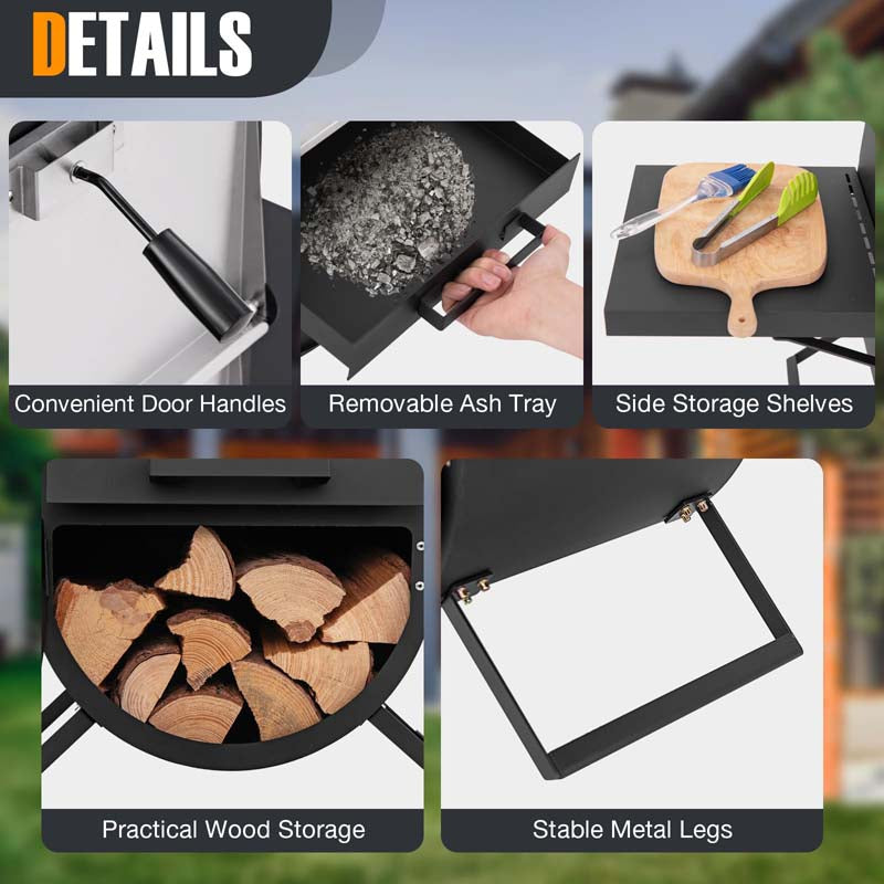 2-Layer Wood Fired Pizza Oven, Outdoor Pizza Maker Stove with Storage Cabinet, Protective Cover, Pizza Stone & Side Tables for Backyard Party Camping