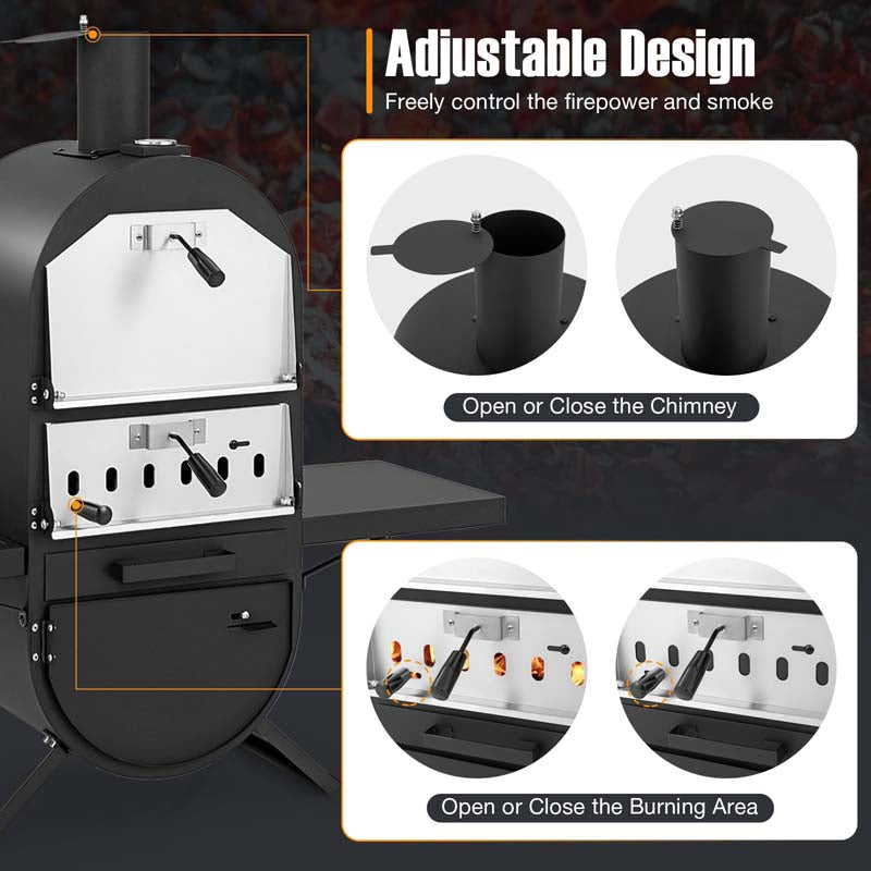 2-Layer Wood Fired Pizza Oven, Outdoor Pizza Maker Stove with Storage Cabinet, Protective Cover, Pizza Stone & Side Tables for Backyard Party Camping