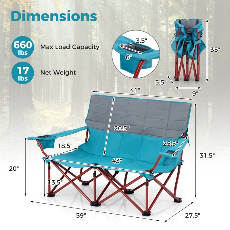 2-Person Folding Loveseat Camping Couch Chair with Cup Holders & Thick Padding, Outdoor Lawn Chair for Beach Picnic Travel