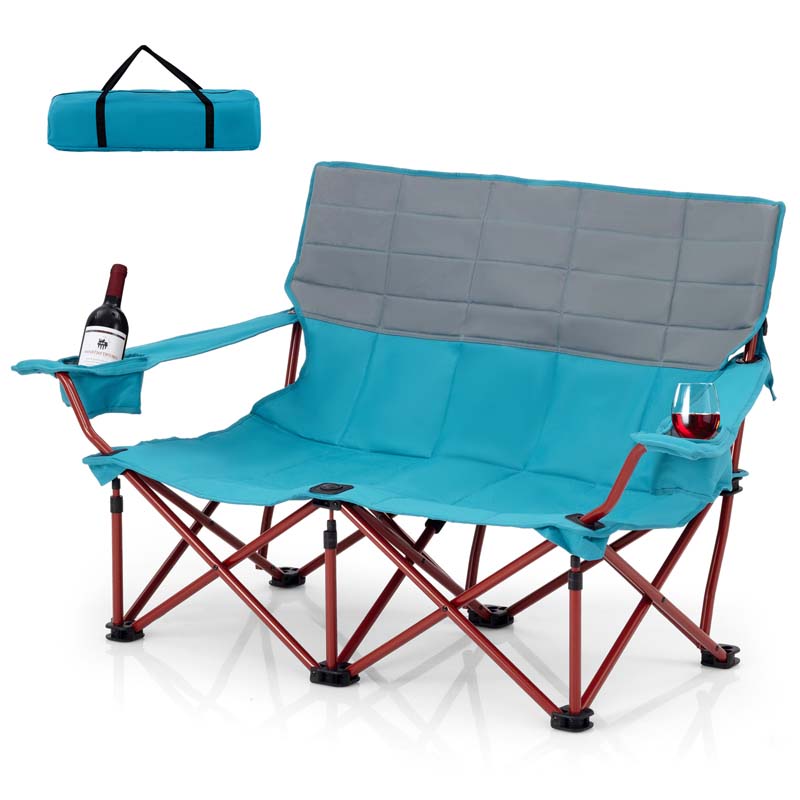2-Person Folding Loveseat Camping Couch Chair with Cup Holders & Thick Padding, Outdoor Lawn Chair for Beach Picnic Travel