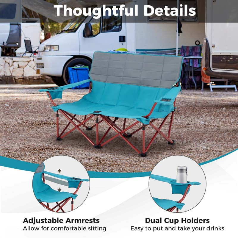 2-Person Folding Loveseat Camping Couch Chair with Cup Holders & Thick Padding, Outdoor Lawn Chair for Beach Picnic Travel