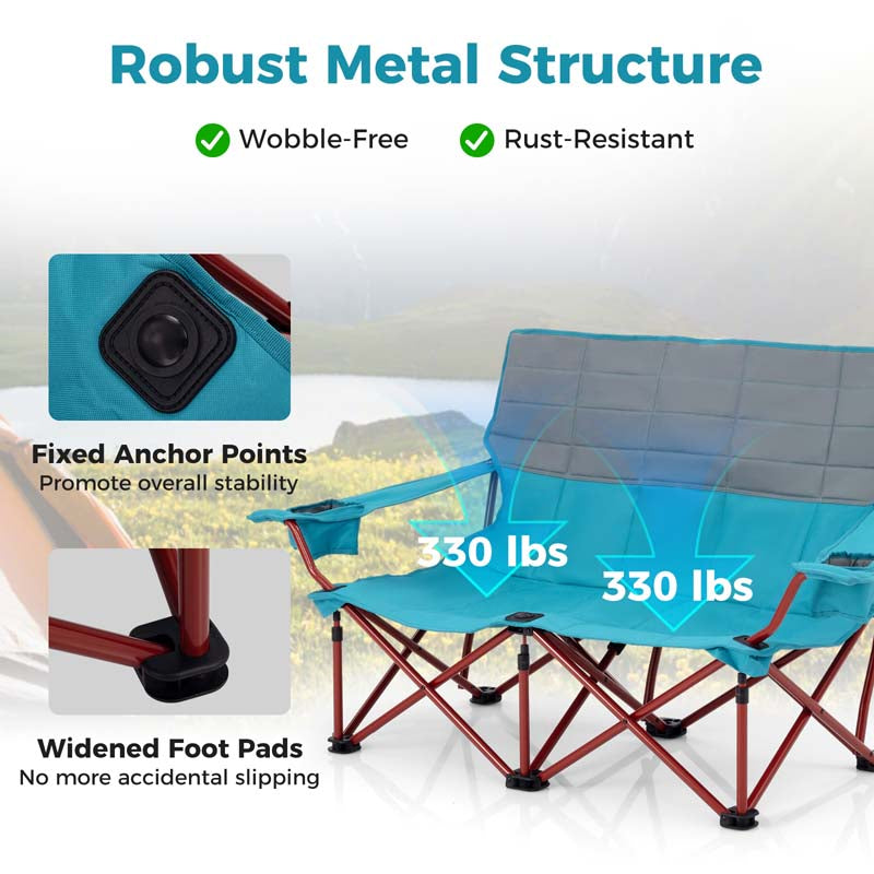 2-Person Folding Loveseat Camping Couch Chair with Cup Holders & Thick Padding, Outdoor Lawn Chair for Beach Picnic Travel