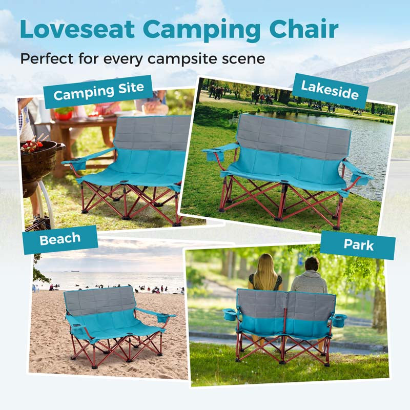 2-Person Folding Loveseat Camping Couch Chair with Cup Holders & Thick Padding, Outdoor Lawn Chair for Beach Picnic Travel