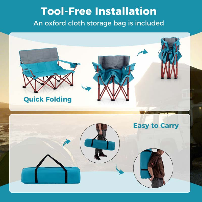 2-Person Folding Loveseat Camping Couch Chair with Cup Holders & Thick Padding, Outdoor Lawn Chair for Beach Picnic Travel
