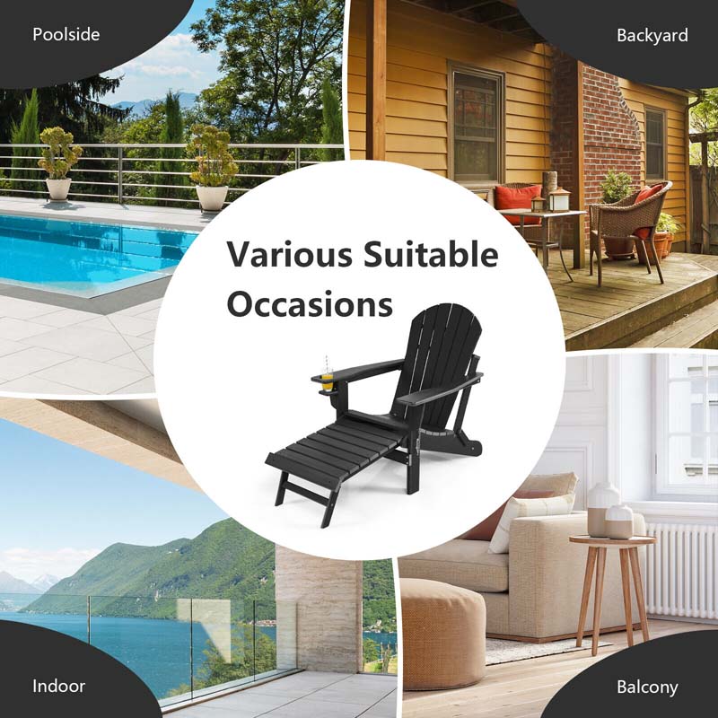 All-Weather Folding Adirondack Chair w/Retractable Ottoman & Cup Holder, HDPE Plastic Resin Outdoor Patio Lounger for Pool Deck
