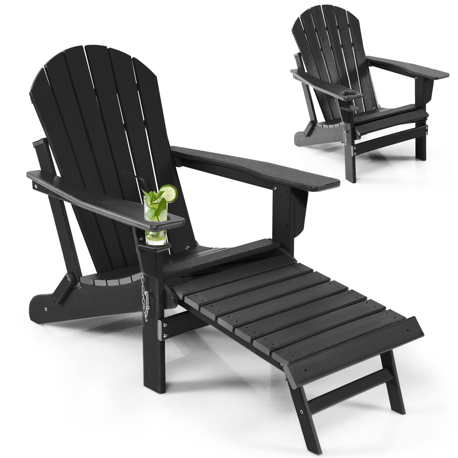All-Weather Folding Adirondack Chair w/Retractable Ottoman & Cup Holder, HDPE Plastic Resin Outdoor Patio Lounger for Pool Deck
