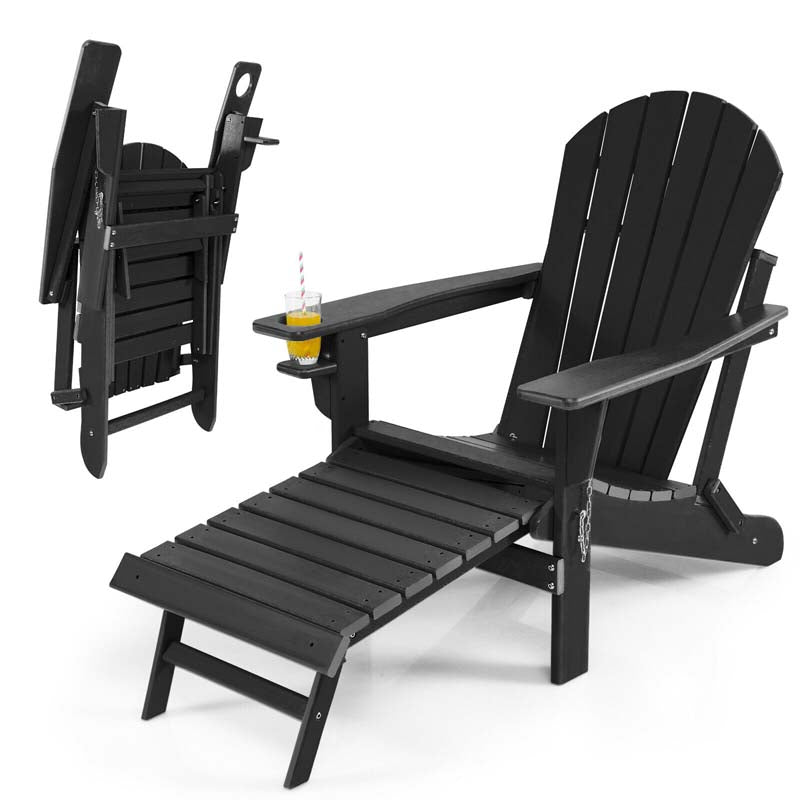 All-Weather Folding Adirondack Chair w/Retractable Ottoman & Cup Holder, HDPE Plastic Resin Outdoor Patio Lounger for Pool Deck