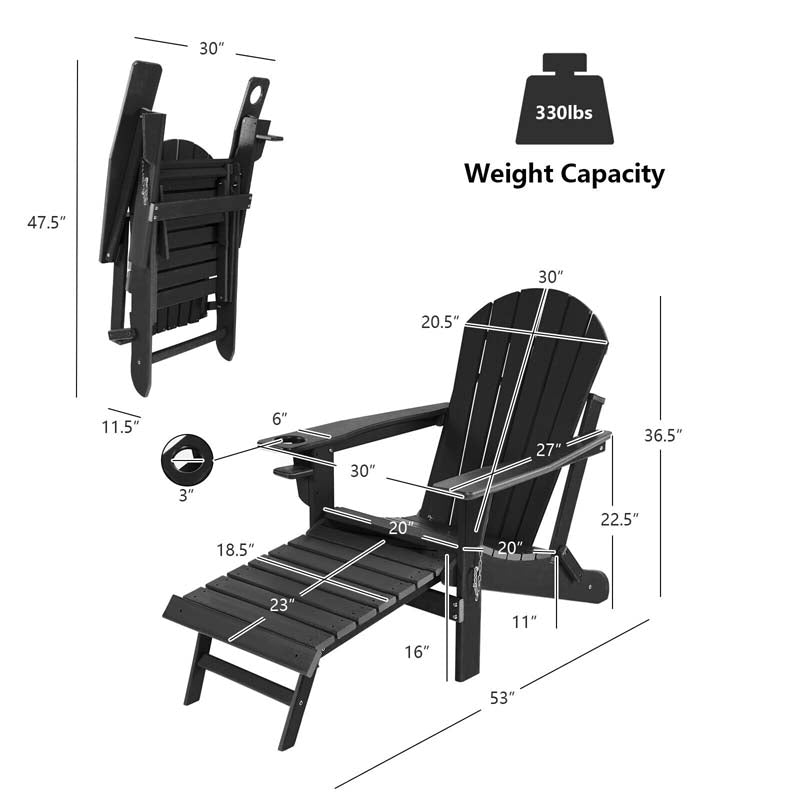 All-Weather Folding Adirondack Chair w/Retractable Ottoman & Cup Holder, HDPE Plastic Resin Outdoor Patio Lounger for Pool Deck