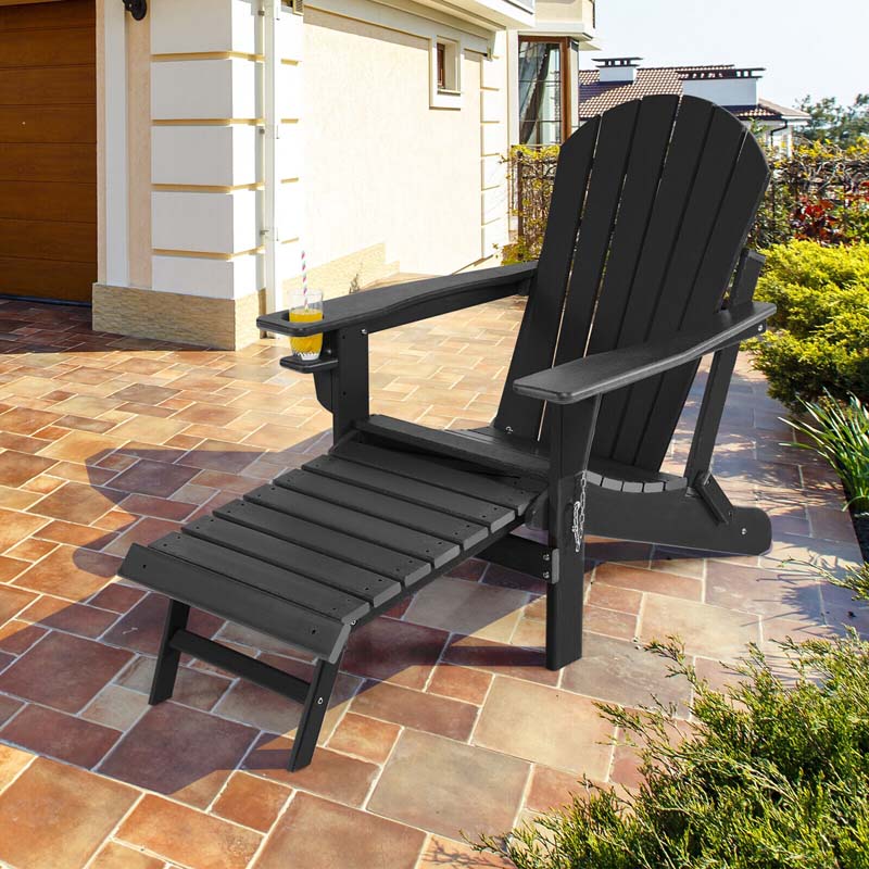 All-Weather Folding Adirondack Chair w/Retractable Ottoman & Cup Holder, HDPE Plastic Resin Outdoor Patio Lounger for Pool Deck