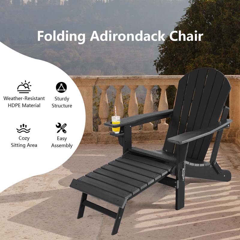All-Weather Folding Adirondack Chair w/Retractable Ottoman & Cup Holder, HDPE Plastic Resin Outdoor Patio Lounger for Pool Deck