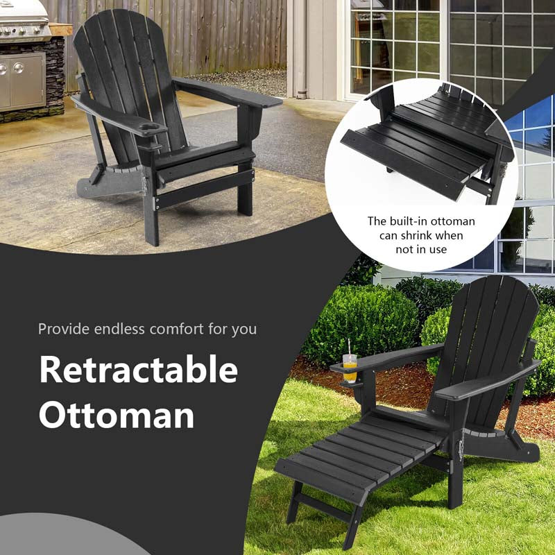 All-Weather Folding Adirondack Chair w/Retractable Ottoman & Cup Holder, HDPE Plastic Resin Outdoor Patio Lounger for Pool Deck