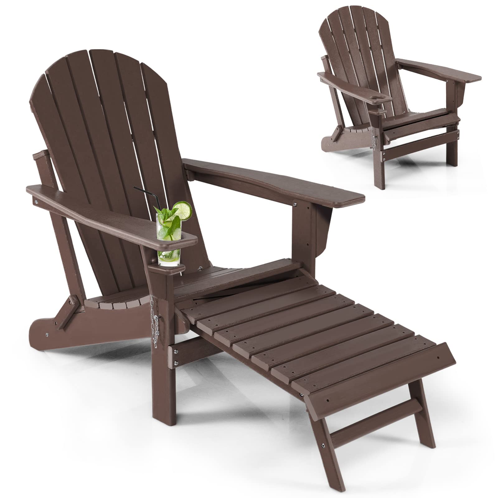 All-Weather Folding Adirondack Chair w/Retractable Ottoman & Cup Holder, HDPE Plastic Resin Outdoor Patio Lounger for Pool Deck