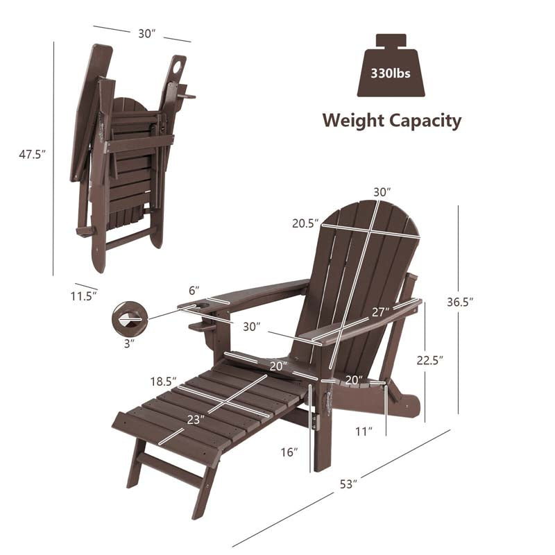 All-Weather Folding Adirondack Chair w/Retractable Ottoman & Cup Holder, HDPE Plastic Resin Outdoor Patio Lounger for Pool Deck