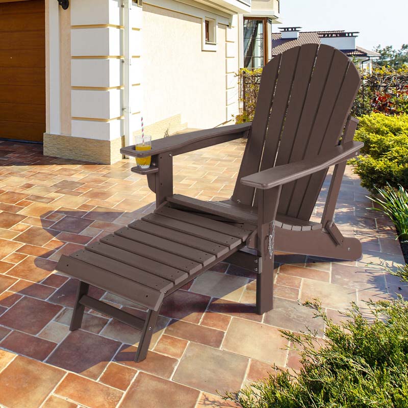 All-Weather Folding Adirondack Chair w/Retractable Ottoman & Cup Holder, HDPE Plastic Resin Outdoor Patio Lounger for Pool Deck
