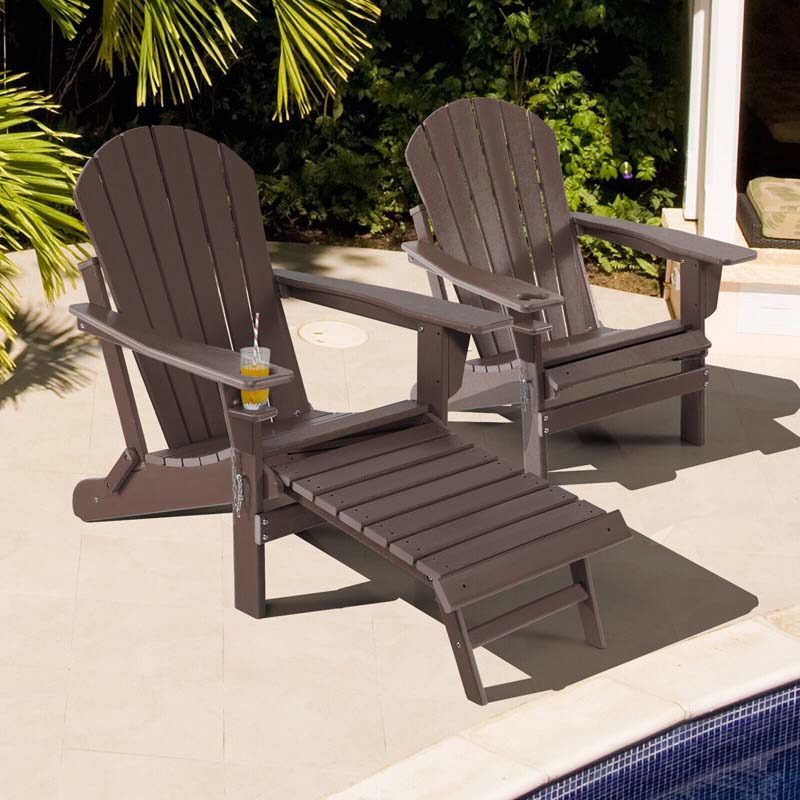 All-Weather Folding Adirondack Chair w/Retractable Ottoman & Cup Holder, HDPE Plastic Resin Outdoor Patio Lounger for Pool Deck