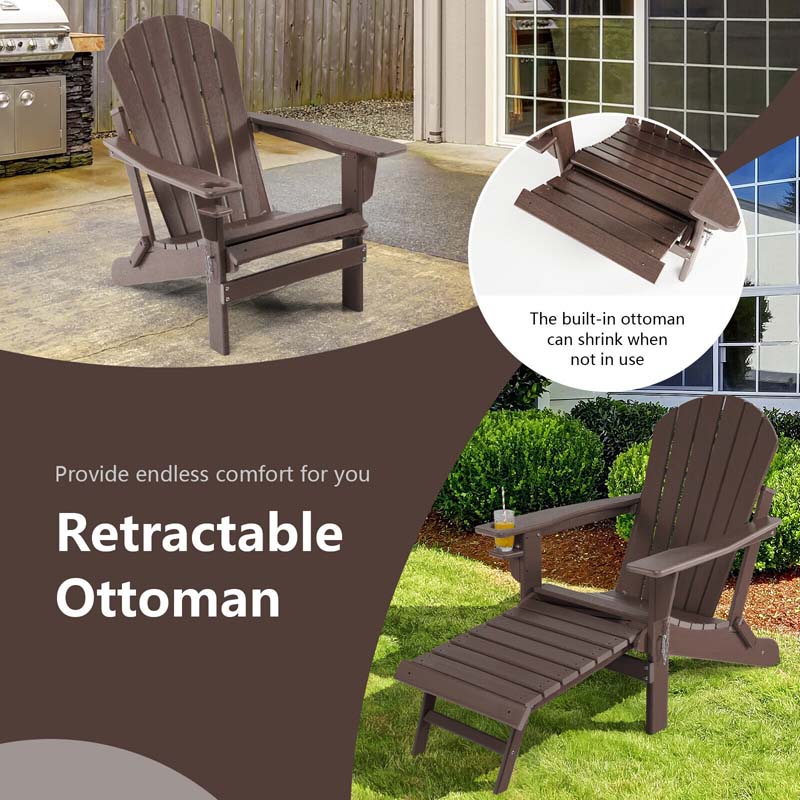 All-Weather Folding Adirondack Chair w/Retractable Ottoman & Cup Holder, HDPE Plastic Resin Outdoor Patio Lounger for Pool Deck
