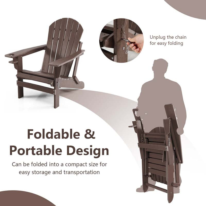 All-Weather Folding Adirondack Chair w/Retractable Ottoman & Cup Holder, HDPE Plastic Resin Outdoor Patio Lounger for Pool Deck
