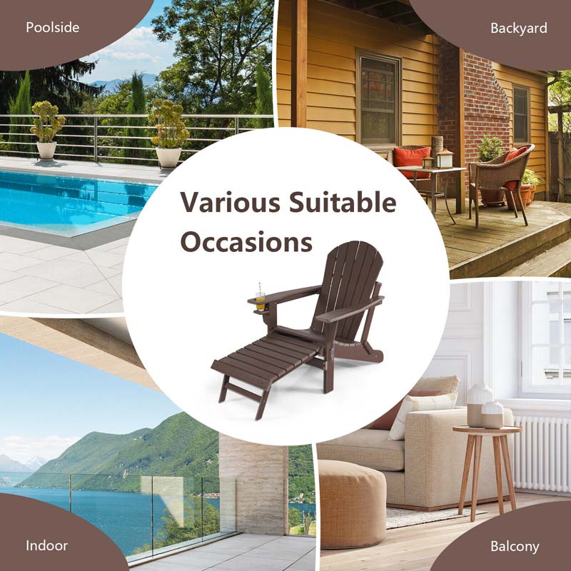 All-Weather Folding Adirondack Chair w/Retractable Ottoman & Cup Holder, HDPE Plastic Resin Outdoor Patio Lounger for Pool Deck