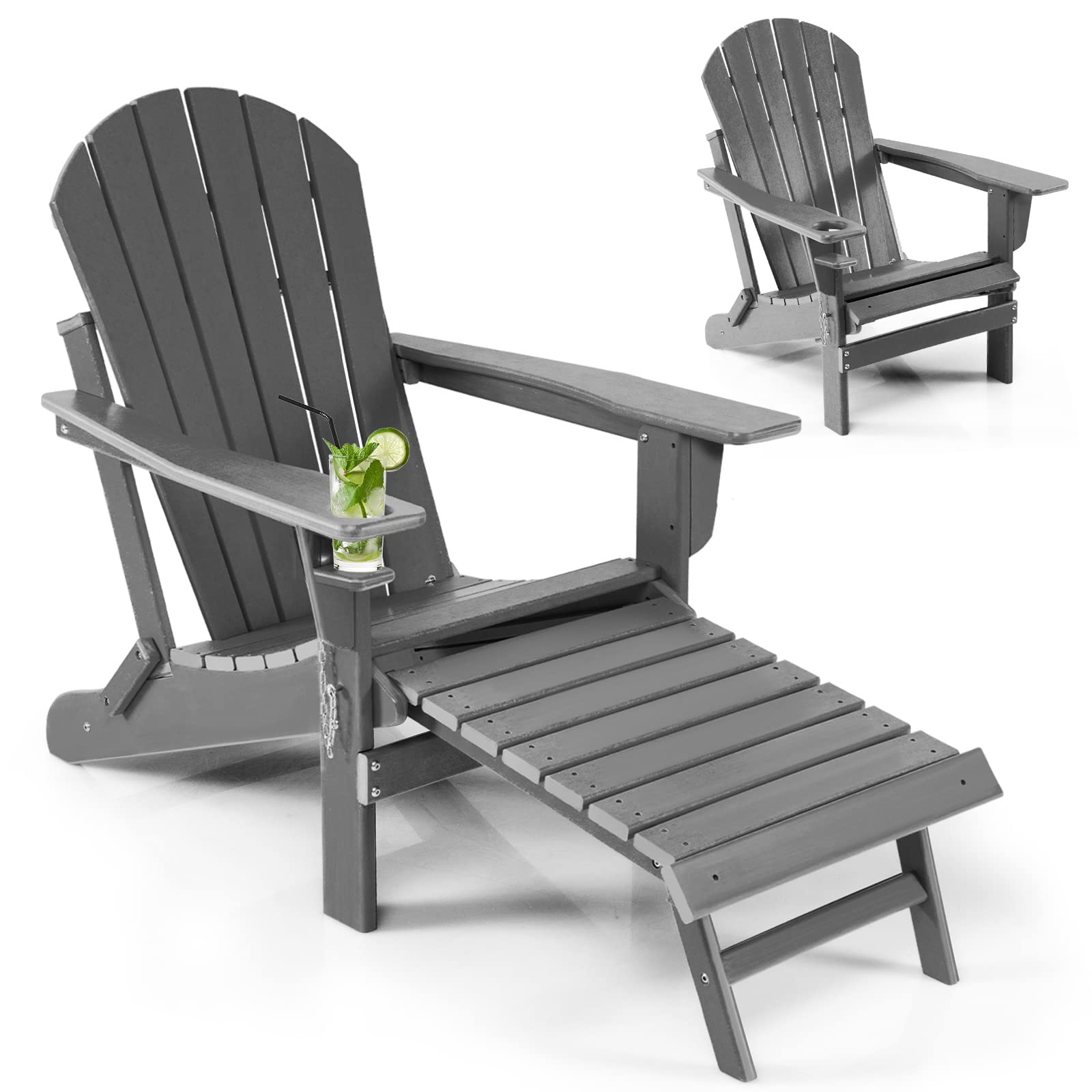 All-Weather Folding Adirondack Chair w/Retractable Ottoman & Cup Holder, HDPE Plastic Resin Outdoor Patio Lounger for Pool Deck