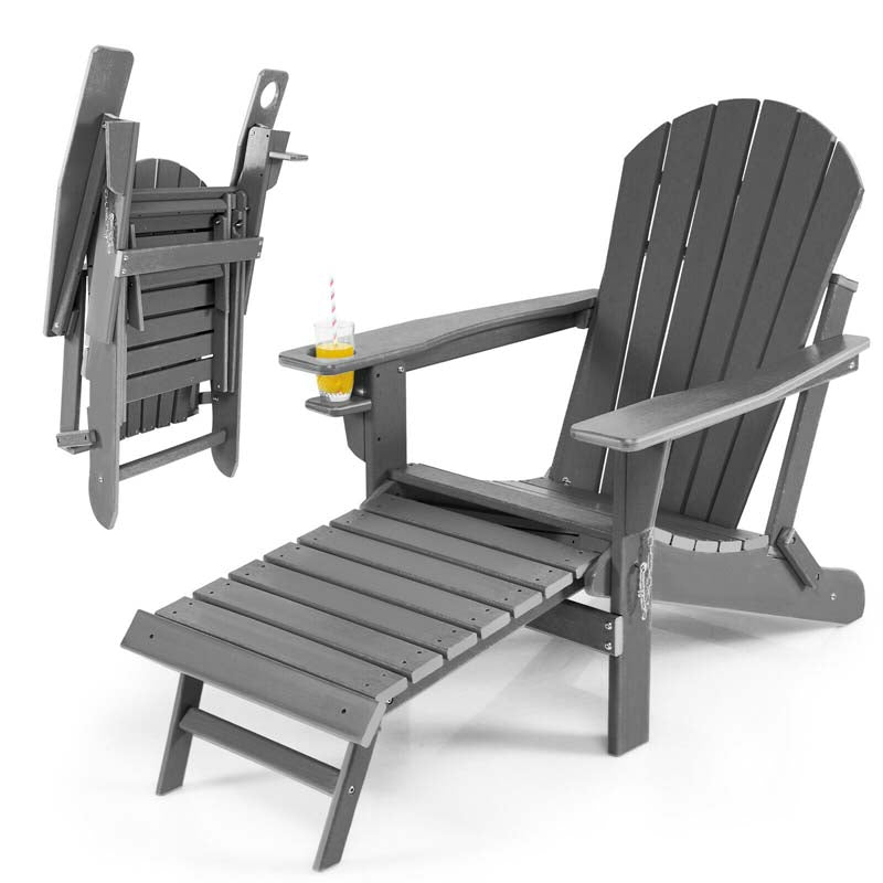 All-Weather Folding Adirondack Chair w/Retractable Ottoman & Cup Holder, HDPE Plastic Resin Outdoor Patio Lounger for Pool Deck