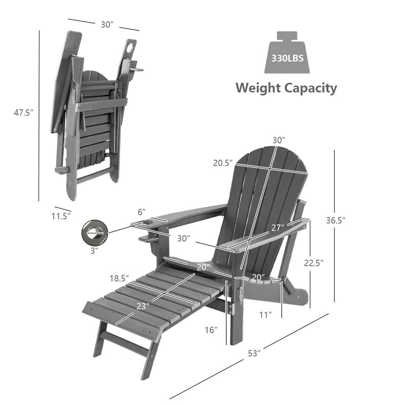 All-Weather Folding Adirondack Chair w/Retractable Ottoman & Cup Holder, HDPE Plastic Resin Outdoor Patio Lounger for Pool Deck