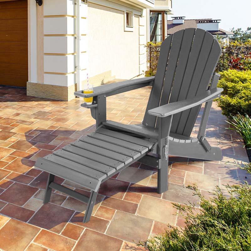 All-Weather Folding Adirondack Chair w/Retractable Ottoman & Cup Holder, HDPE Plastic Resin Outdoor Patio Lounger for Pool Deck