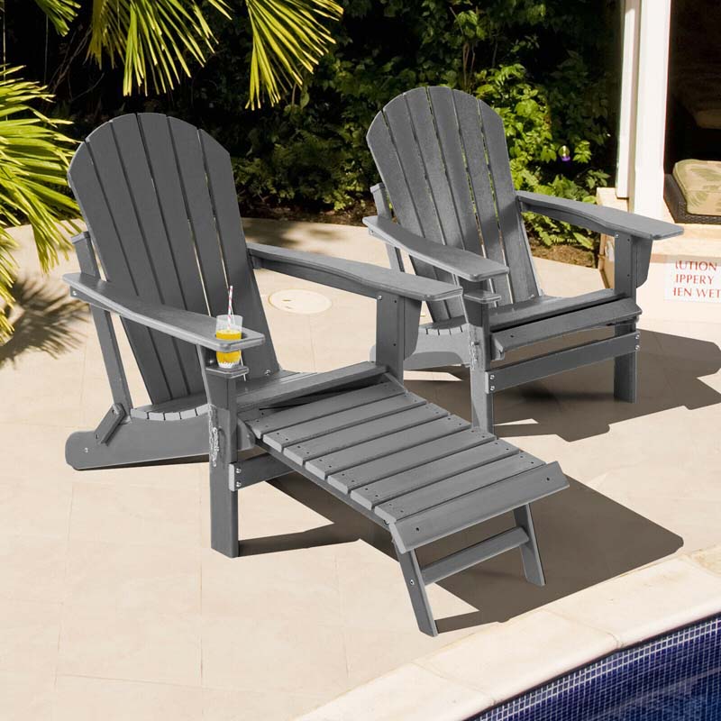 All-Weather Folding Adirondack Chair w/Retractable Ottoman & Cup Holder, HDPE Plastic Resin Outdoor Patio Lounger for Pool Deck