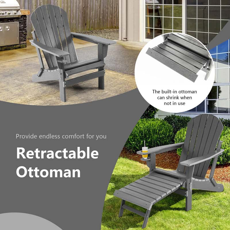 All-Weather Folding Adirondack Chair w/Retractable Ottoman & Cup Holder, HDPE Plastic Resin Outdoor Patio Lounger for Pool Deck
