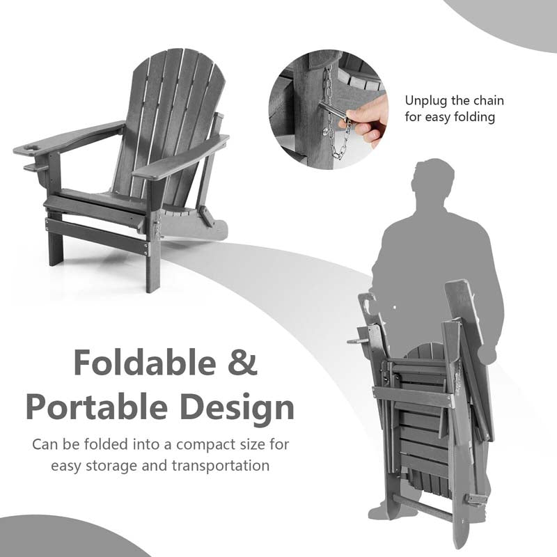 All-Weather Folding Adirondack Chair w/Retractable Ottoman & Cup Holder, HDPE Plastic Resin Outdoor Patio Lounger for Pool Deck