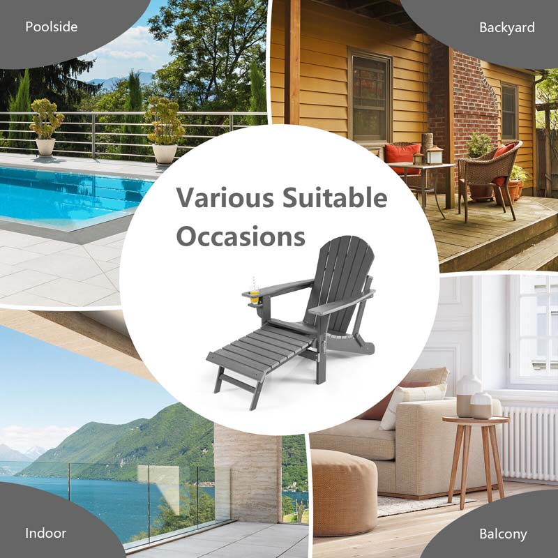 All-Weather Folding Adirondack Chair w/Retractable Ottoman & Cup Holder, HDPE Plastic Resin Outdoor Patio Lounger for Pool Deck