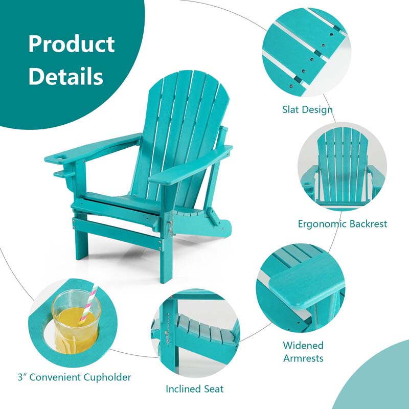 All-Weather Folding Adirondack Chair w/Retractable Ottoman & Cup Holder, HDPE Plastic Resin Outdoor Patio Lounger for Pool Deck