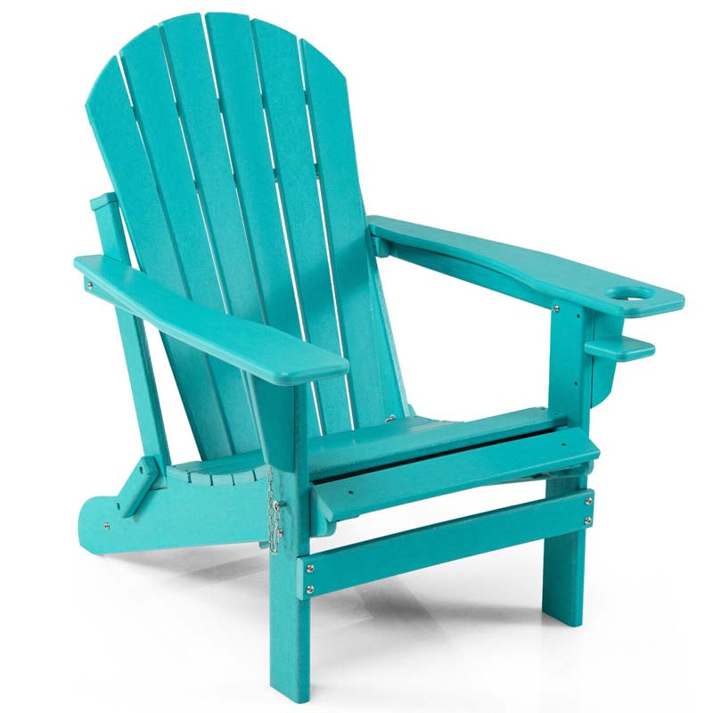 All-Weather Folding Adirondack Chair w/Retractable Ottoman & Cup Holder, HDPE Plastic Resin Outdoor Patio Lounger for Pool Deck