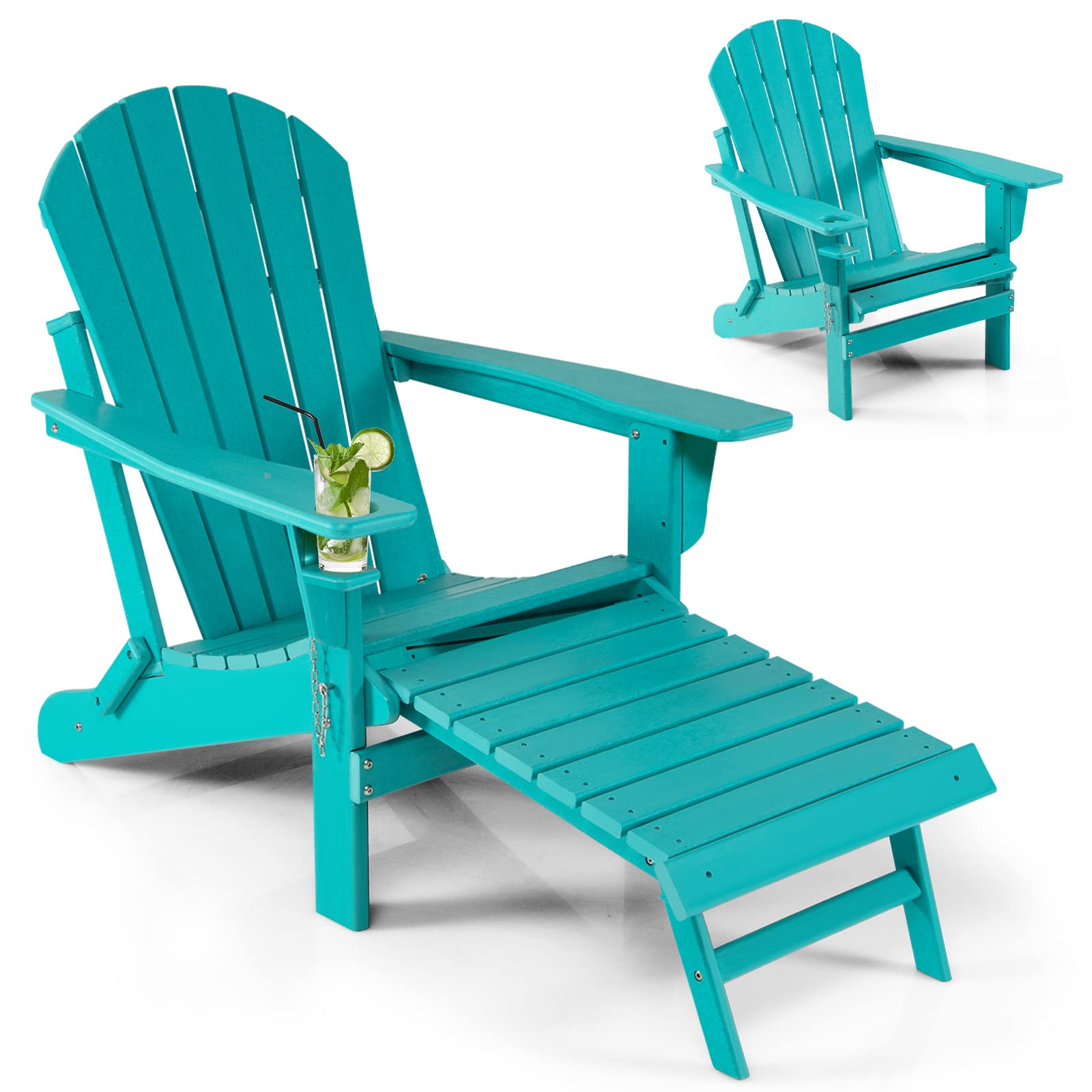 All-Weather Folding Adirondack Chair w/Retractable Ottoman & Cup Holder, HDPE Plastic Resin Outdoor Patio Lounger for Pool Deck