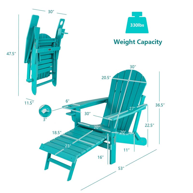 All-Weather Folding Adirondack Chair w/Retractable Ottoman & Cup Holder, HDPE Plastic Resin Outdoor Patio Lounger for Pool Deck