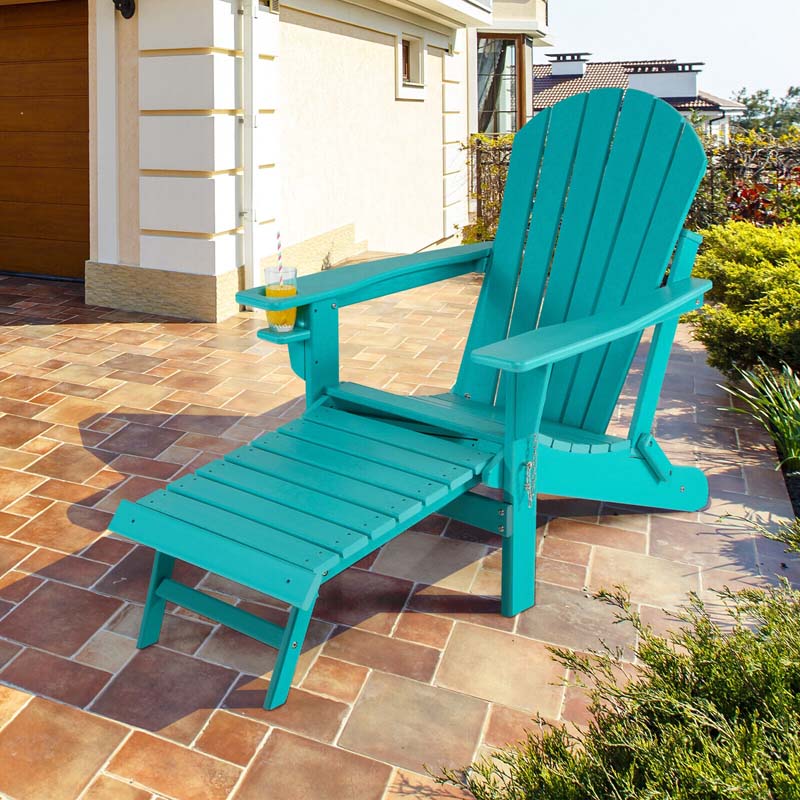 All-Weather Folding Adirondack Chair w/Retractable Ottoman & Cup Holder, HDPE Plastic Resin Outdoor Patio Lounger for Pool Deck