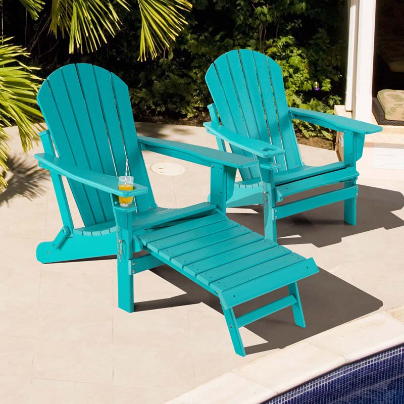 All-Weather Folding Adirondack Chair w/Retractable Ottoman & Cup Holder, HDPE Plastic Resin Outdoor Patio Lounger for Pool Deck