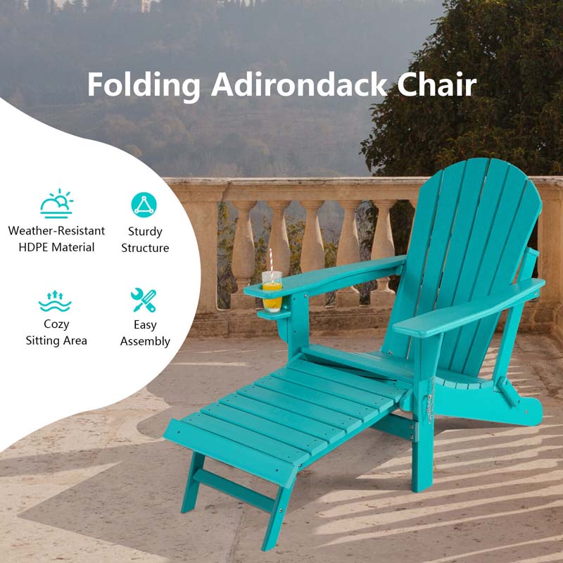 All-Weather Folding Adirondack Chair w/Retractable Ottoman & Cup Holder, HDPE Plastic Resin Outdoor Patio Lounger for Pool Deck
