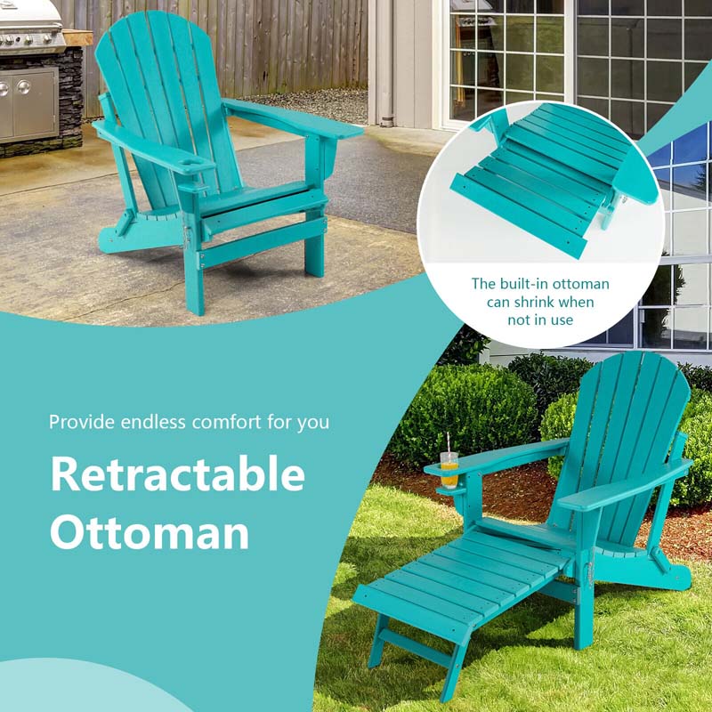 All-Weather Folding Adirondack Chair w/Retractable Ottoman & Cup Holder, HDPE Plastic Resin Outdoor Patio Lounger for Pool Deck